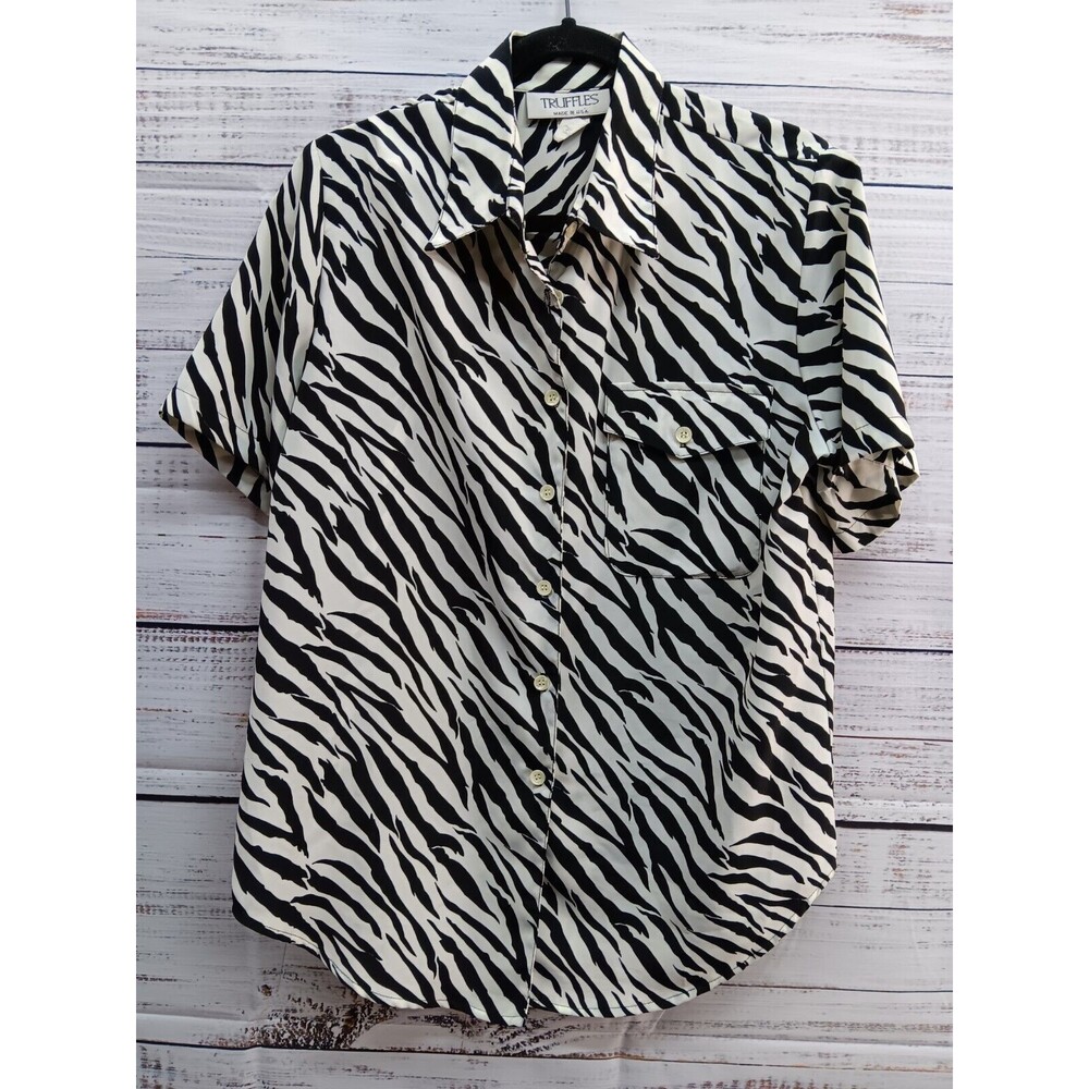 Truffles Blouse Women's Medium Zebra Print Short Sleeve Button Up Collared